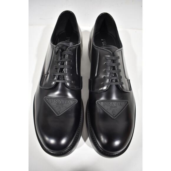 Prada Black Brushed Leather Triangle Logo Derby Loafer Lace Up Flat UK 12 US 13